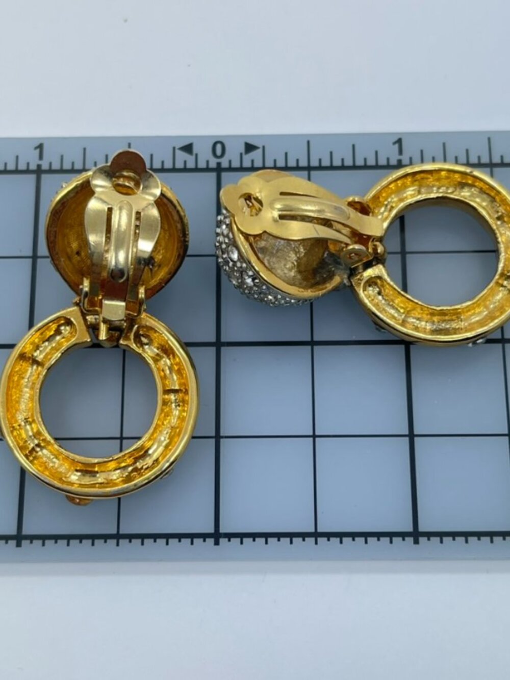 Vintage Gold Tone Door Knocker Rhinestone Clip On Statement Earrings - Picture 5 of 6